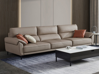  国际知名品牌 现代简约进口头层黄牛皮 俄罗斯云杉木实木框架 高密度高回弹海绵靠包 四人位直排沙发（此产品有短途物流费）（不含抱枕）