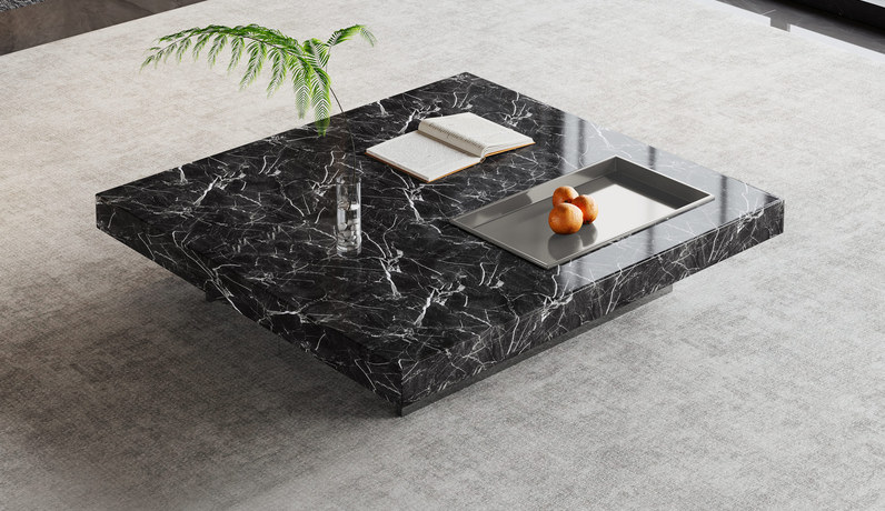 歌迪 极简风格 黑贝斯防刮耐磨岩板 内嵌式托盘  深灰色五金脚 1.2米 茶几