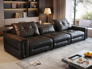  意式极简 慕尼黑真皮沙发 高定头层黄牛皮+天然蓬松羽绒 探索plus座包 深陷云团  传统手工褶皱工艺  赋予自然松弛感 俄罗斯落叶松实木框架 四人位沙发