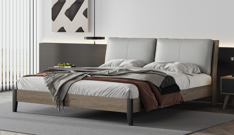 艺家 北欧风格 舒适柔软蛋白皮 高弹软靠高密度海绵 俄罗斯进口落叶松木排骨条 浅灰色 1.5*2.0米床