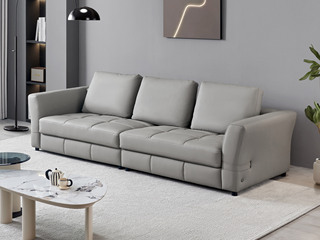  极简风格 天然纹理进口头层牛皮 蓬松柔软羽绒活动靠枕 高密度回弹海绵 俄罗斯落叶松木框架 直排沙发 浅灰色 三人沙发（此产品有短途物流费）