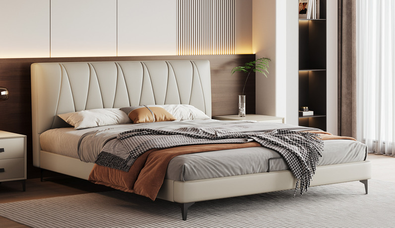 【摆场推荐】歌迪 极简风格 高定头层黄牛皮 几何艺术感立体设计 工学曲线舒适承托 高密度海绵Q弹释压深度支撑+5A级进口俄罗斯落叶松实木框架 卡其色 1.8*2.0米真皮床  (搭配10公分松木排骨架)