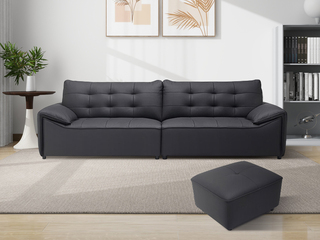  极简风格 黑巧云朵真皮沙发 纹理清晰进口头层牛皮 方块压纹设计 流线型分区靠背 黑色 四人位+脚踏 直排沙发（此产品有短途物流费）