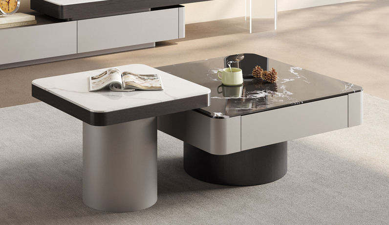 诺美帝斯 极简风格 优雅黑玫瑰微晶石茶几+白兰玉微晶石角几 设计感拼色组合 纹理自然红橡木皮 高质感金属烤漆 茶几组合