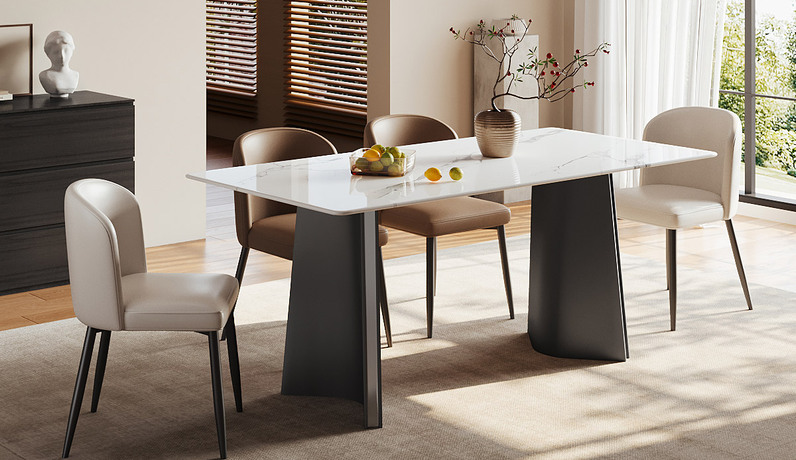 欧瑞仕 极简风格 凯恩餐桌 臻选高奢中花白大理石 纹理清晰自然通透 独特加厚双V异形桌腿立体支撑 几何稳固强力承重 奢华雅致不锈钢黑钛脚 力学美感并存 1.6米 餐桌