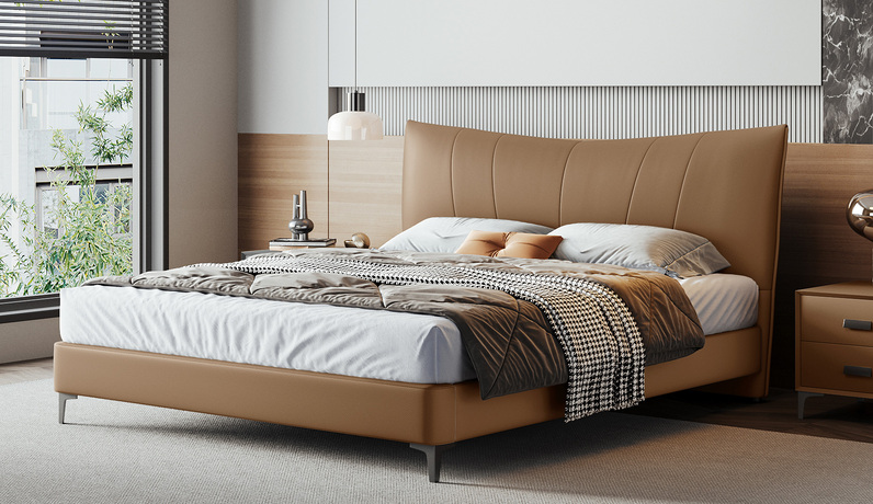 歌迪 极简风格 细腻柔软仿真皮 利落线条一体式挺括靠包 柔韧回弹高密度海绵 俄罗斯进口落叶松实木框架 椰棕色  1.8*2.0米 床（搭配10公分松木排骨架）