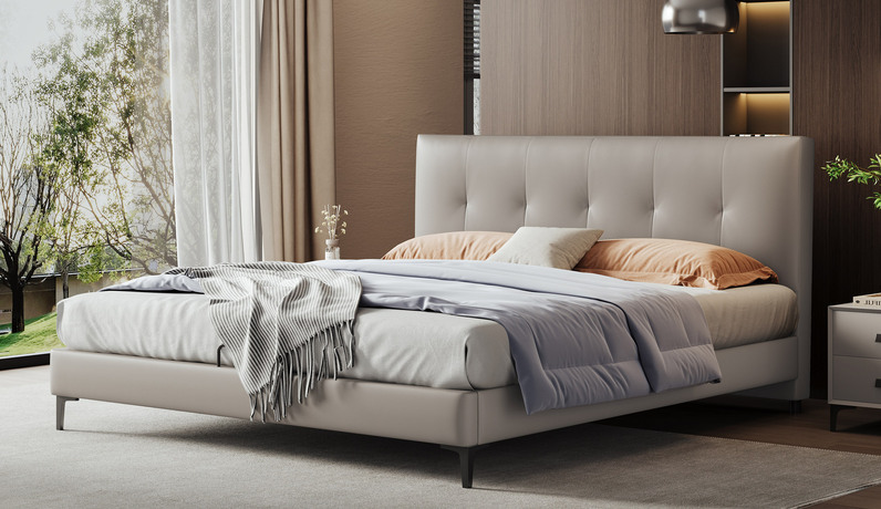 歌迪 极简风格 艺术拉点软包床 高定头层黄牛皮 高回弹高密度海绵 俄罗斯落叶松实木框架 浅灰色 1.8*2.0米床（搭配10公分松木排骨架）