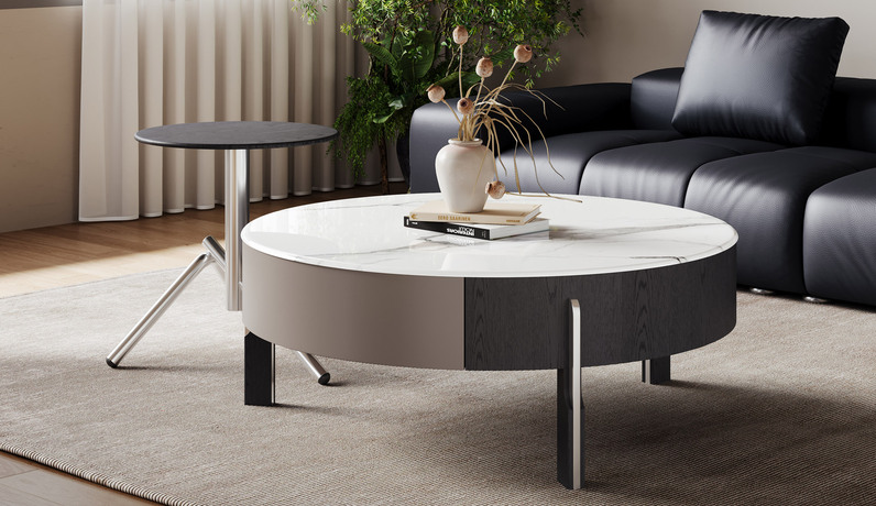 歌迪 极简风格 晶莹透亮微晶石台面 纹理自然实木木皮 大容量储物空间 火箭小圆几 稳固不锈钢五金脚 茶几组合