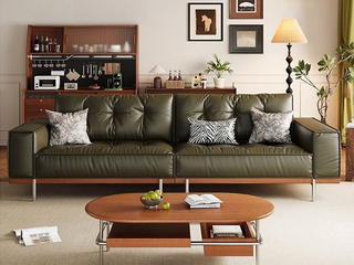  中古风 进口FAS级全白蜡木外框架 高定头层真皮 柔软蓬松羽绒+高密度海绵科学配比填充 软而不塌双重舒适靠感 中古绿 高质感五金高脚 小四人位沙发