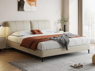  极简风格 小象耳朵真皮床 进口头层黄牛皮 柔软温润 挺阔饱满羽绒双靠包 分体设计自由倚靠 绵柔软糯弯弧舒适支撑腰背 清爽利落齐边设计 米黄色 1.8*2.0米床（搭配10公分松木排骨架）