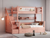 帕帕猫 简美风格 榫卯结构 甄选优质实木 高低床 儿童床 原木色+象牙白 1.5*1.9米 子母踏步床（搭配杉木uv床板）（含柜梯+书架+抽屉）（前护栏装饰品为展示效果 发货不含饰品）