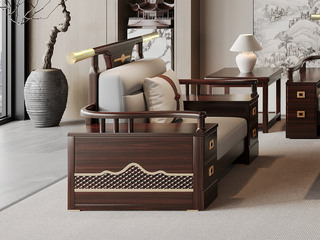  新中式 进口实木沙发 多抽屉储物扶手设计 细腻舒适猫抓皮 竖线拉点饱满靠背 雕花工艺 单人位沙发