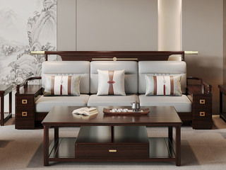  新中式 进口实木沙发 多抽屉储物扶手设计 细腻舒适猫抓皮 竖线拉点饱满靠背 雕花工艺 三人位沙发