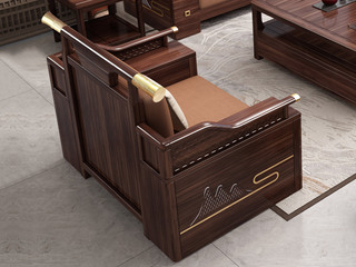  新中式 进口实木沙发  儒雅山水浮雕+轻奢金色五金装饰 亲肤耐磨猫抓皮软包 单人位沙发