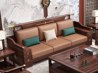  新中式 进口实木沙发  儒雅山水浮雕+轻奢金色五金装饰 亲肤耐磨猫抓皮软包 三人位沙发