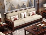 云柚居 新中式 进口实木沙发  自然清晰实木纹理 透气亲肤棉麻布 镂空靠背扶手 金色装饰线条 三人位沙发