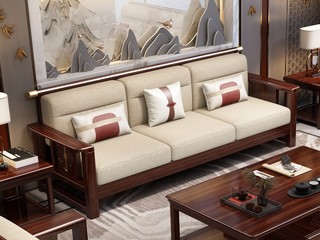  新中式 进口实木沙发  自然清晰实木纹理 透气亲肤棉麻布 镂空靠背扶手 金色装饰线条 三人位沙发