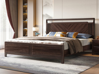  新中式  高品级进口乌金木 独特设计V型纹理 五金装饰 乌金色 1.8*2.0米 实木床（搭配静音床板条）