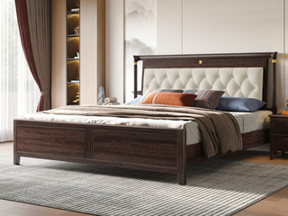  新中式  高品级进口乌金木 细腻舒适仿真皮 匀称深拉点不易跑位 柔软高弹海绵舒适承托 乌金色 1.8*2.0米 实木床（搭配静音床板条）