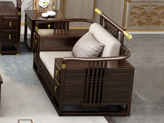  新中式实木沙发 甄选进口金丝檀+乌金木 典雅官帽+镂空鱼鳞纹设计 搭配耐磨猫抓皮软包   乌金色 单人位沙发（抱枕花色随机）