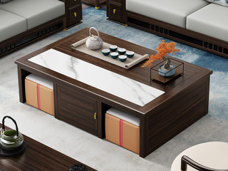  新中式 甄选进口金丝檀+乌金木 创意岩板拼色大板桌面 随心置物 乌金色 1.5米 茶几（含2个皮凳）