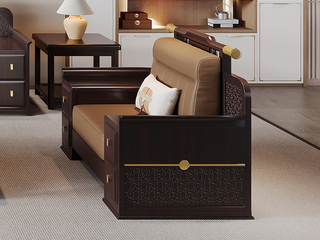  新中式实木沙发 甄选进口金丝檀+乌金木 设计感拼花纹理金线装饰 实木储物扶手 柔软舒适猫抓皮  乌金色 单人位沙发（抱枕花色随机）