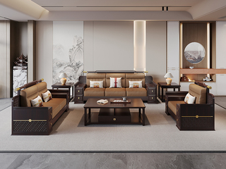  新中式实木沙发 甄选进口金丝檀+乌金木 设计感拼花纹理金线装饰 实木储物扶手 柔软舒适猫抓皮  乌金色 组合沙发 单人位+双人位+三人位（抱枕花色随机）