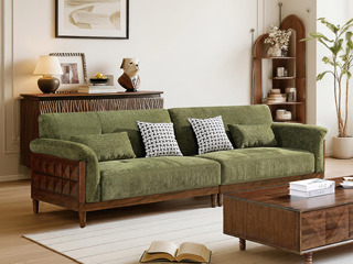  中古风 进口红斑马 柔软亲肤透气雪尼尔绒布 微曲花瓣形扶手 高密度高回弹海绵 四人位直排沙发