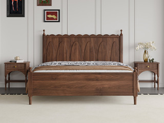  中古风 进口红斑马 波浪纹床头装饰 复古拱门造型 水珠立柱优雅坚固 1.8*2.0米 实木床（搭配满铺油漆床板）