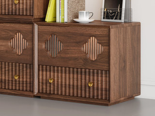  中古风 进口红斑马 质感柔润纹理自然 竖纹嵌合抽面造型 梅花格栅设计点缀 斗柜（单个组合柜）