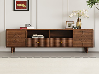  中古风 进口红斑马 质感柔润纹理自然 十字拼花装饰面 开放格+抽屉多元化大容量收纳 2.0米 电视柜