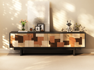  中古风 万象电视柜 北美进口红橡木纹 光滑细腻 毕加索立体主义美学拼花面板 灵活分区大容量储物 高脚易清洁 1.8米 电视柜