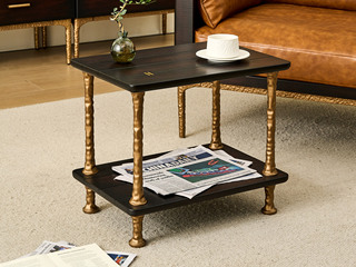  英伦风 进口实木微雕工艺 设计感深浅光影变化 宽阔双层桌面随心置物 阿尔贝托雕塑金属高脚 角几