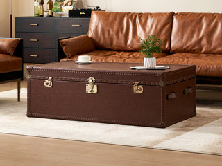  英伦风 细腻柔韧油蜡仿真皮 复古铆钉点缀 分区大容量储物柜 1.3米 储物箱茶几