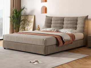  现代简约 奶油系慵懒风-毛毛虫软床 仿真皮+高密度海绵+实木框架 棕灰色 1.5*2.0米床（搭配10公分松木排骨架 图片为布艺，此配置为仿真皮）