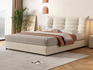  现代简约 奶油系慵懒风-毛毛虫软床 头层真皮+高密度海绵+实木框架 米白色 1.8*2.0米真皮床（搭配10公分松木排骨架 图片为布艺，此配置为真皮）