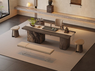  现代中式禅意极简 灵韵茶台 50MM加厚实木台面 威尼斯棕岩板全包裹实木板柜 茶台（不含茶盘）（超大件商品，请确认能否进入电梯或楼道）