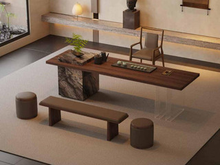  侘寂风 方物茶台 50MM加厚实木台面 岩板包裹储物柜  80MM宽石头纹亚克力脚架 2.8米 实木茶台 （不含茶盘）（超大件商品，请确认能否进入电梯或楼道）