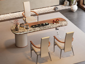 一方茶居 现代轻奢 皓月茶桌 天山暮雪奢石面板 马鞍皮饰面+乌金木脚架储物柜 蝴蝶形亚克力脚架 全自动智能隐藏式茶艺炉 2.4米茶台（天然石材，纹理随机）（超大件商品，请确认能否进入电梯或楼道）