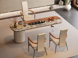  现代轻奢 皓月茶桌 天山暮雪奢石面板 马鞍皮饰面+乌金木脚架储物柜 蝴蝶形亚克力脚架 全自动智能隐藏式茶艺炉 2.4米茶台（天然石材，纹理随机）（超大件商品，请确认能否进入电梯或楼道）