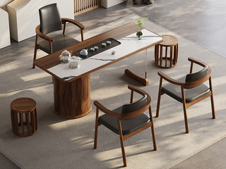  新中式 进口乌金木实木台面 熊猫白岩板装饰  清透亚克力+乌金木脚架 全自动智能养生炉 1.8米茶台