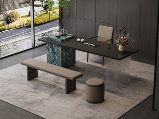  意式极简 全黑岩板台面+乌金石茶台 普拉达绿岩板包裹储物柜 双层石头纹亚克力桌脚 全自动智能隐藏式茶艺炉 2.4米茶台（超大件商品，请确认能否进入电梯或楼道）