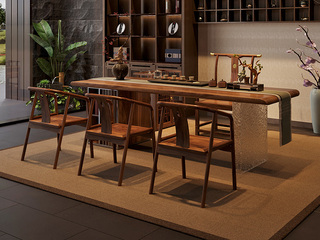  新中式行远茶桌 进口胡桃木大板台面 石头纹亚克力脚架 宋式 2.4米茶台（不含茶盘）（实木纹理自然生成 每一块木材纹理、颜色天然独一无二）