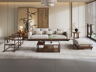  宋式美学 云雅沙发 高品级北美进口白蜡木 舒适透气棉麻布 坐深宽敞肆意躺卧 舒适靠背云感高弹座包 胡桃色 组合沙发 四人位+脚踏+休闲椅*2