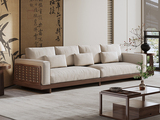 忆宋风华 宋式美学 云雅沙发 高品级北美进口白蜡木 舒适透气棉麻布 坐深宽敞肆意躺卧 舒适靠背云感高弹座包 胡桃色 四人位沙发