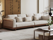 忆宋风华 宋式美学 云雅沙发 高品级北美进口白蜡木 透气棉麻布 雅致镂空格栅设计 胡桃色 四人位沙发