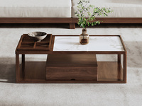 忆宋风华 宋式美学 高品级北美进口白蜡木 晶莹柔润雪山白哑光岩板 分区置物格有序收纳 双层开放大容量储物 1.4米 胡桃色 茶几