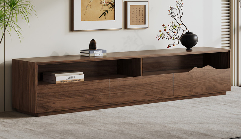 忆宋风华 宋式美学 远山电视柜 高品级北美进口白蜡木 连绵起伏山影造型 科学储物分区细致收纳 2.0米 胡桃色 电视柜