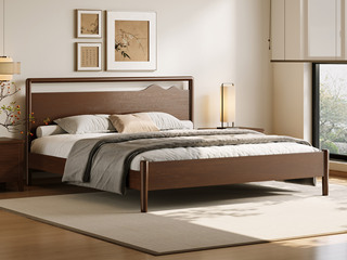  宋式美学 远山床 高品级北美进口白蜡木 连绵起伏山影造型 宽厚实木靠背舒适承托 胡桃色 1.8*2.0米卧室双人床（搭配松木床板条）