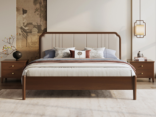  宋式美学 如意床 高品级北美进口白蜡木 细腻顺滑仿真皮 高屏床头优雅大气 稳固结实实木腿 胡桃色 1.8*2.0米卧室双人床（搭配松木床板条）